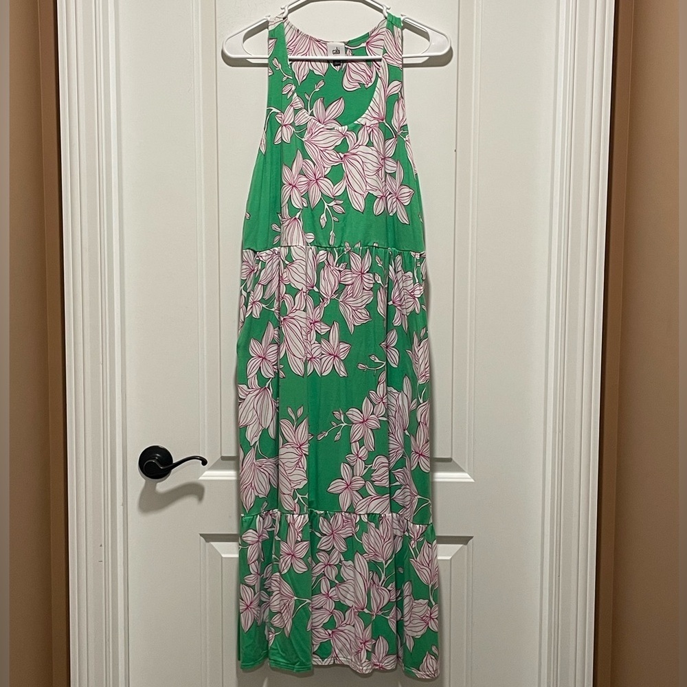 CAbi Weekend Dress #6217 Sz Large Green Tiered Midi Tank Dress Pink White Floral - Picture 3 of 11